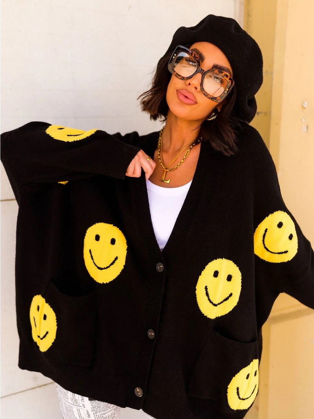 Dressed In LaLa - Smiley Face Oversized Cardigan Sweater